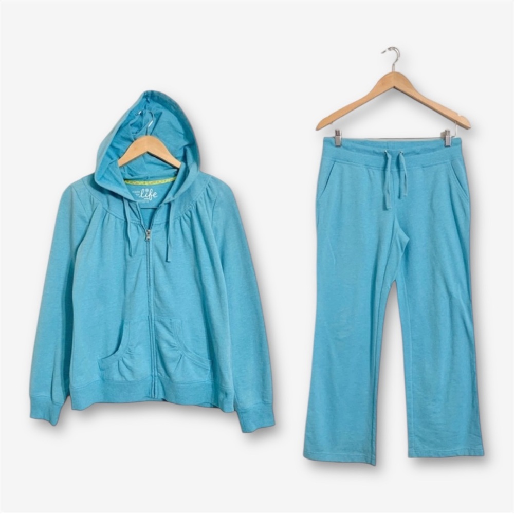 Made For Life Matching Sweat Set Sweatsuit Zip Up Sweater Pants Blue Petite Med
